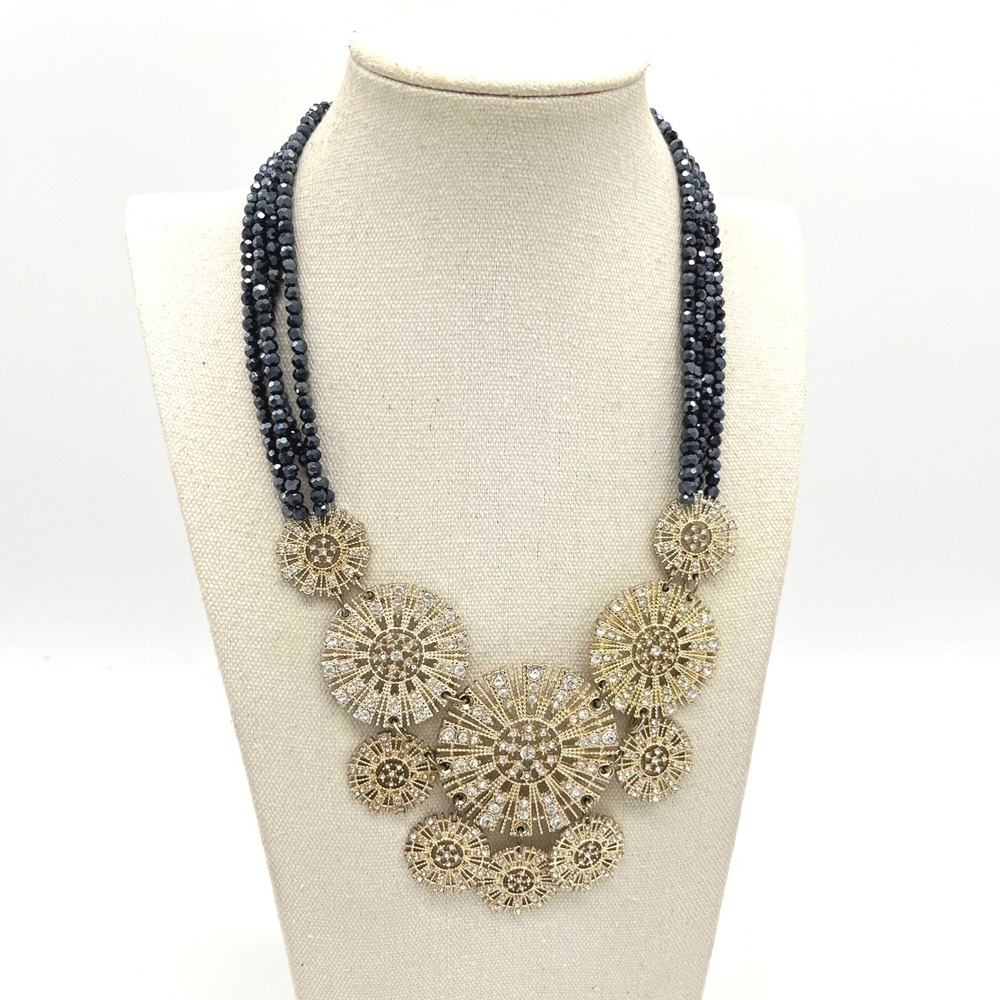 Anthropologie Black Crystal Gold Sunburst Rhinestone Statement Bib Necklace